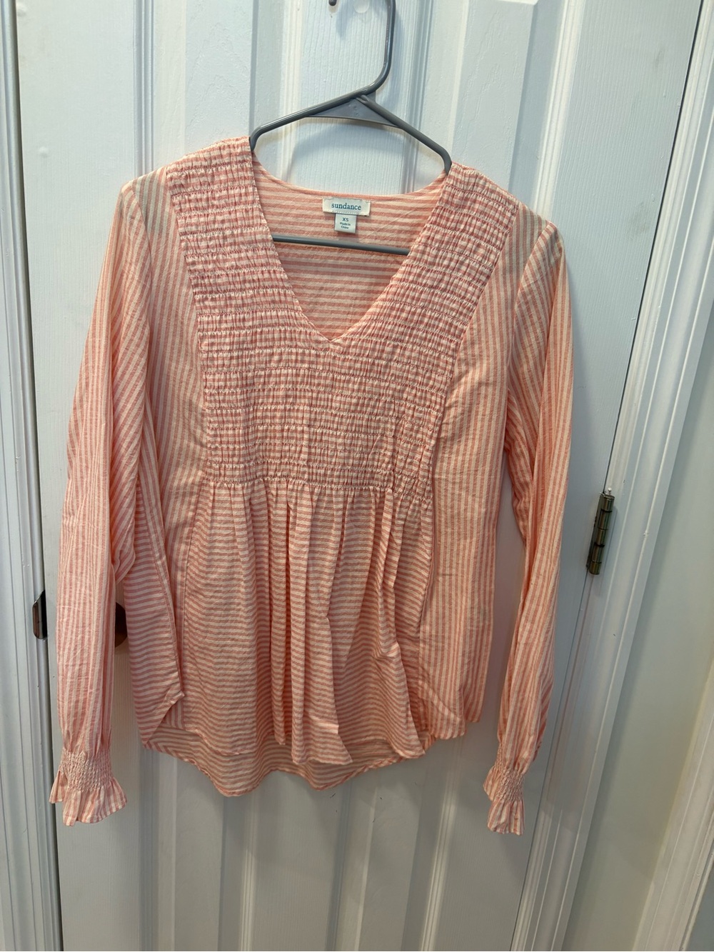 Sundance Peach Striped Smocked V-Neck Blouse